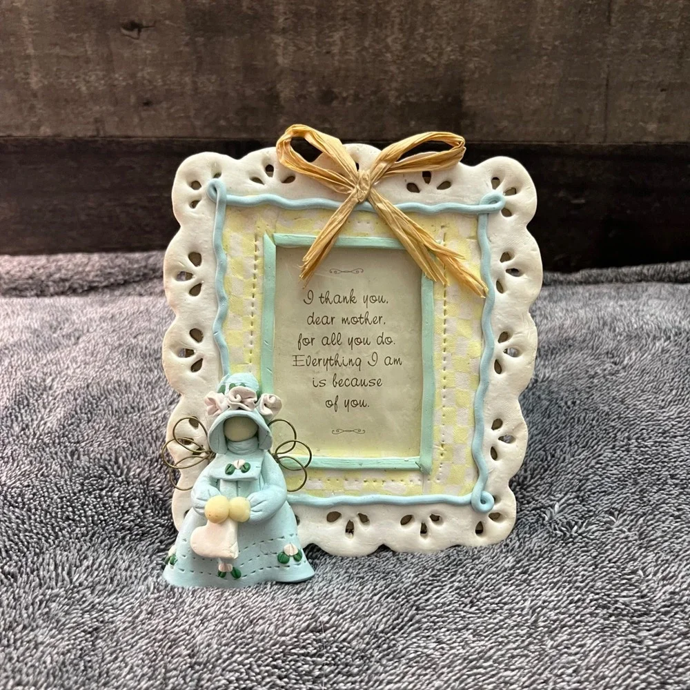 Vintage Mother Angel Picture Frame Blue Yellow Gingham Scalloped Cottagecore